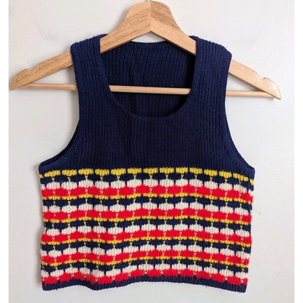 Vtg 60s 70s Groovy Boho Knit Tank Sweater Vest Youth Women XS Brady Bunch Crop